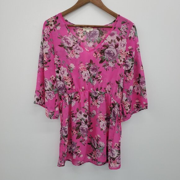 NWT Womens Floral Swimsuit Coverup Sz M Pink Sheer Cinched Waist V-Neck Beach‎ - Picture 3 of 16